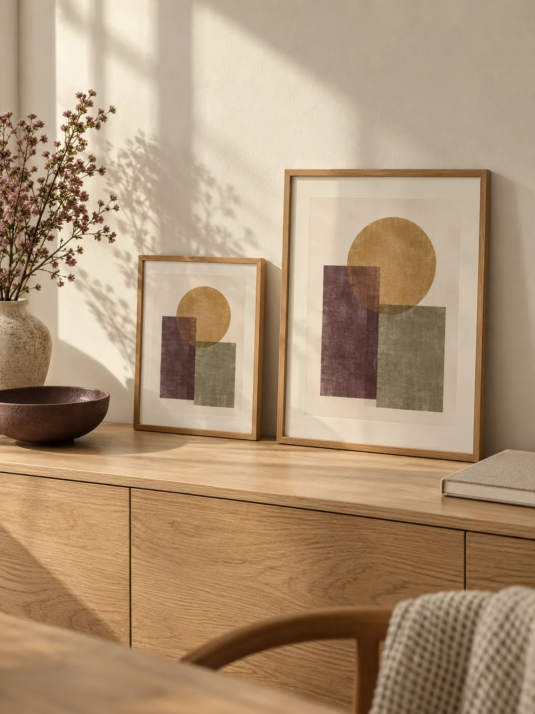 Two differently sized oak frames holding the same original geometric composition on a pale console.