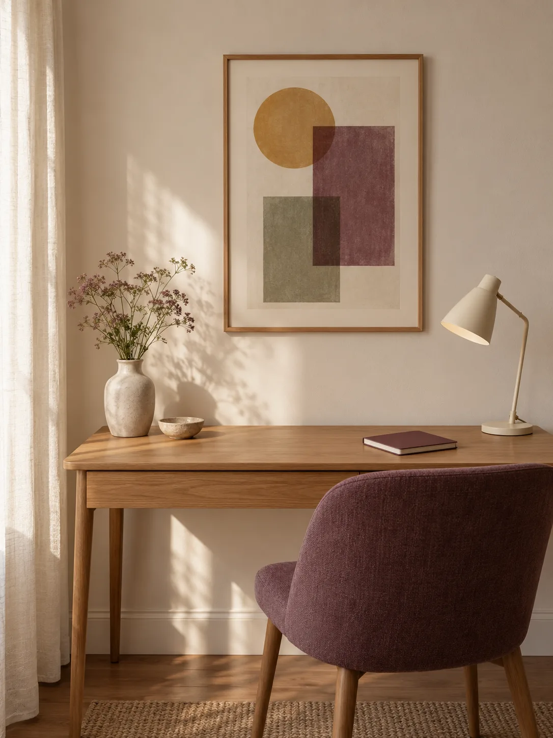 One original geometric print above a narrow oak desk with a cream lamp and plum chair.