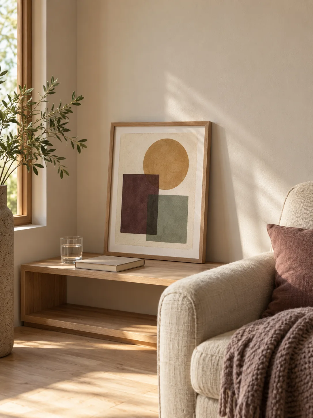 A small original geometric print in an oak frame on a shelf beside a cream reading chair.