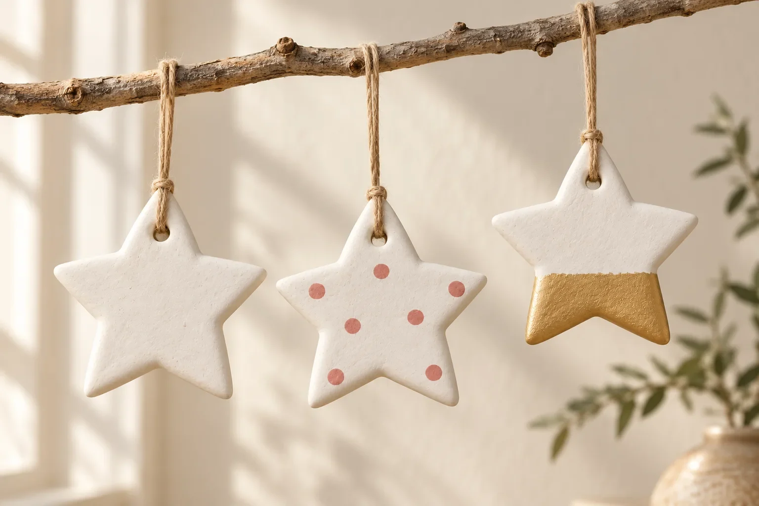 Three decorated star ornaments hanging at different heights from an indoor branch.