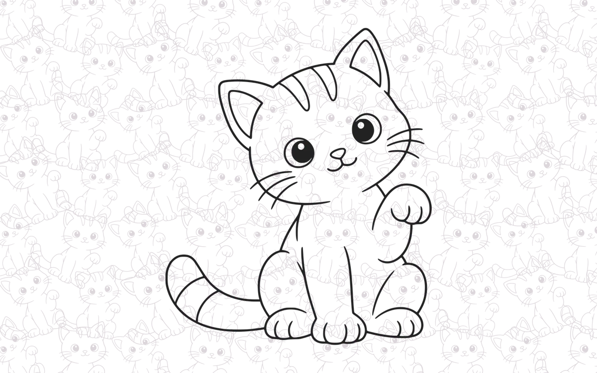 A seated waving cat over a faint pattern of smaller rotated cats.