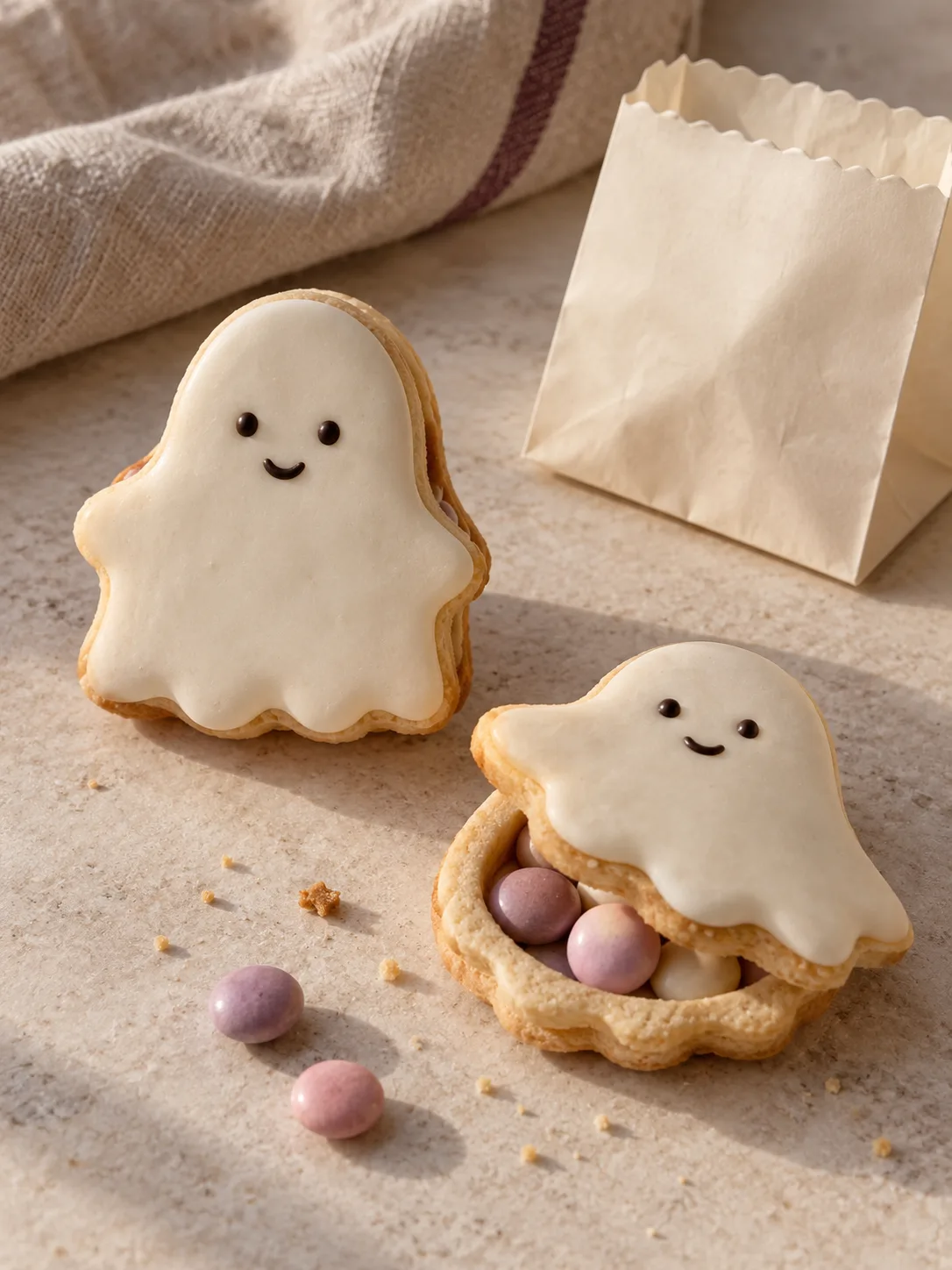Broad ghost-shaped sandwich cookies with simple white icing and tiny dark faces, one opened to show pastel candy.