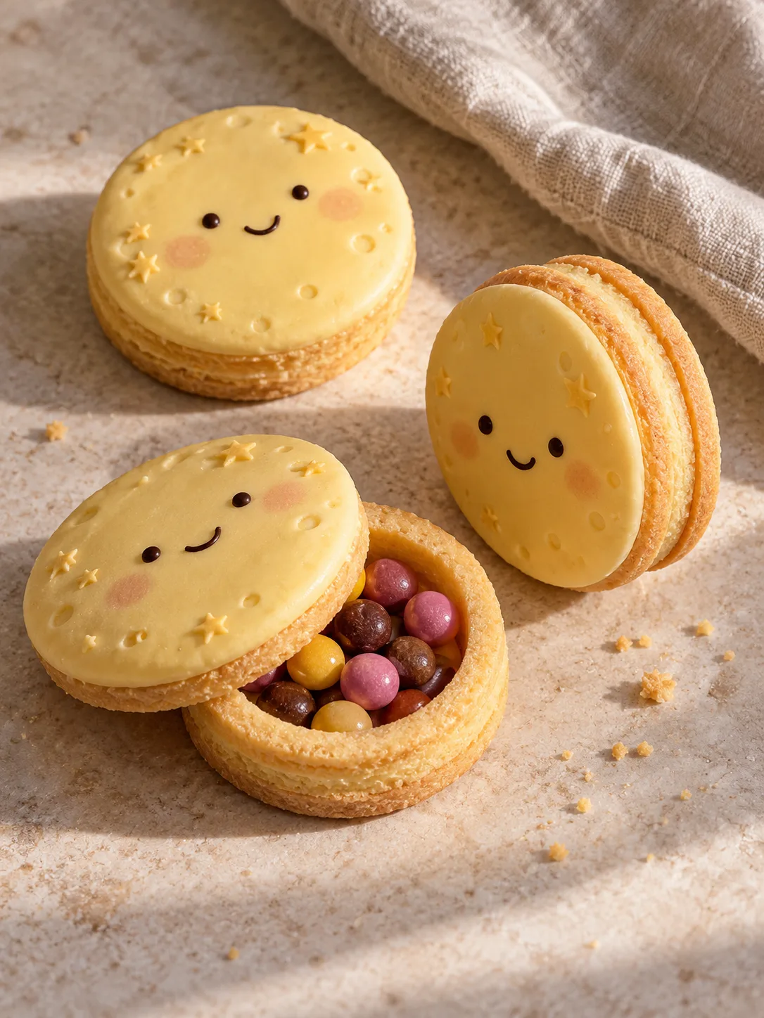 Round butter-yellow moon-character cookies, one opened to reveal a small filling between layered cookie discs.