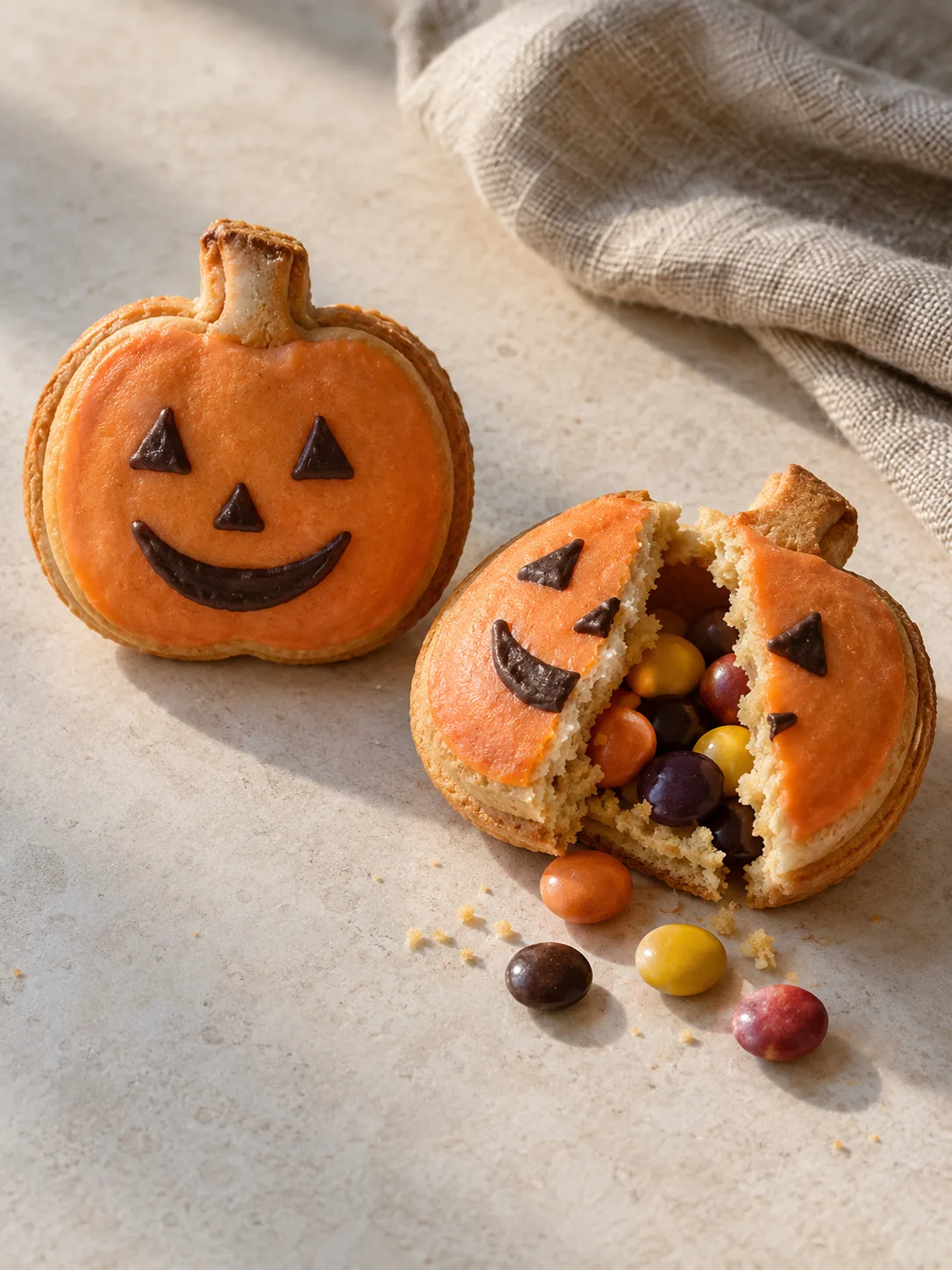 Pumpkin-shaped sandwich cookies with orange icing, including an opened cookie showing a small candy-filled compartment.