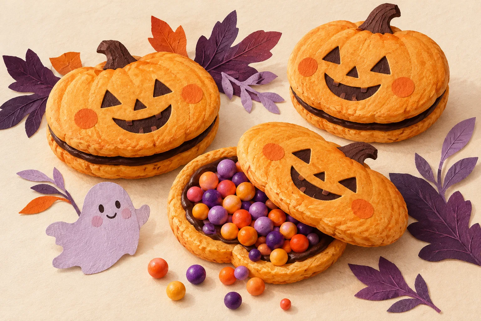 Illustrated pumpkin-shaped cookie sandwiches, one opened to show colorful candies, beside a small lavender paper ghost.