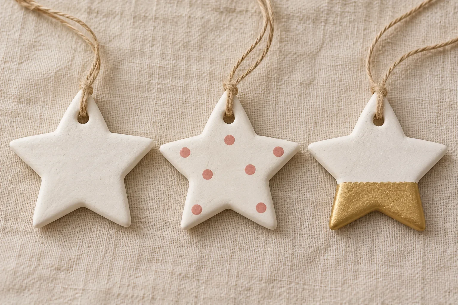 Three white star ornaments: plain, rose-dotted and gold-accented.
