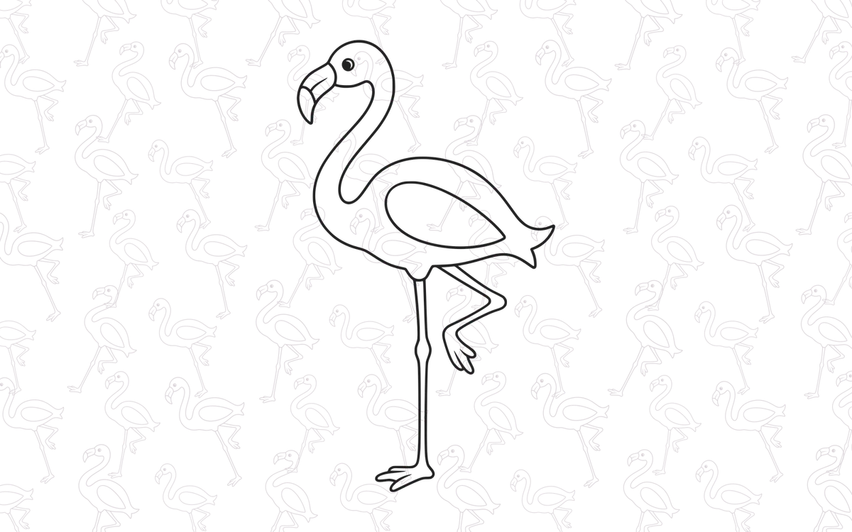 An original flamingo drawing with a slim curved neck and one leg folded upward.