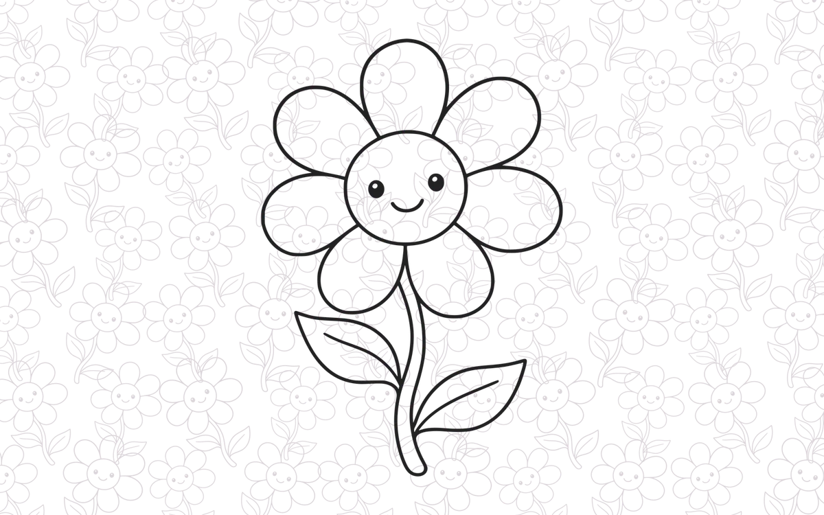 A simple seven-petal flower over a faint pattern of smaller rotated flowers.
