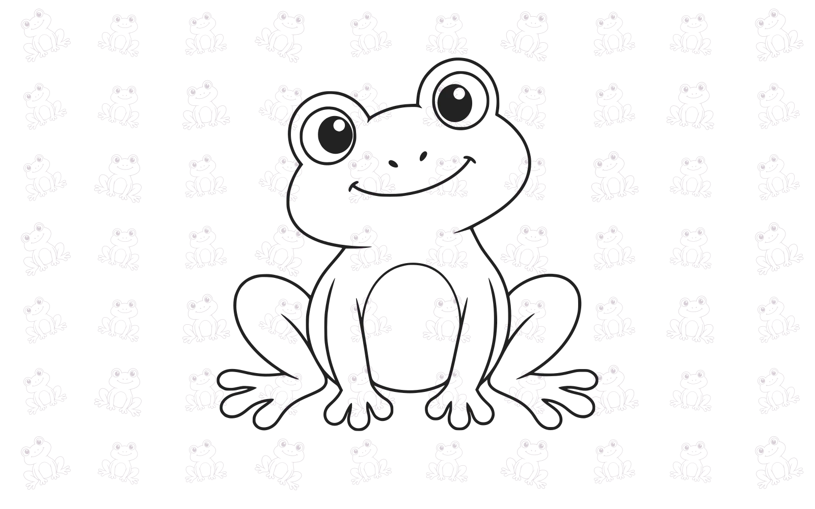 A seated frog with a tilted smile, over a subtle pattern of smaller frogs.