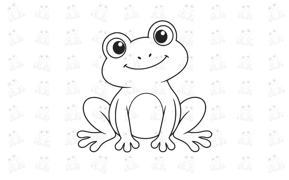 A seated frog with a tilted smile and broad back feet, over a subtle pattern of smaller frogs.