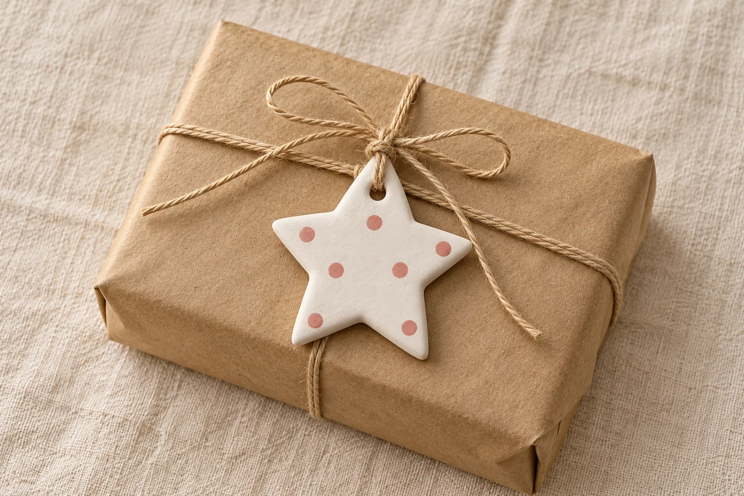A rose-dotted white star tied through its hanging hole onto a kraft-paper gift.