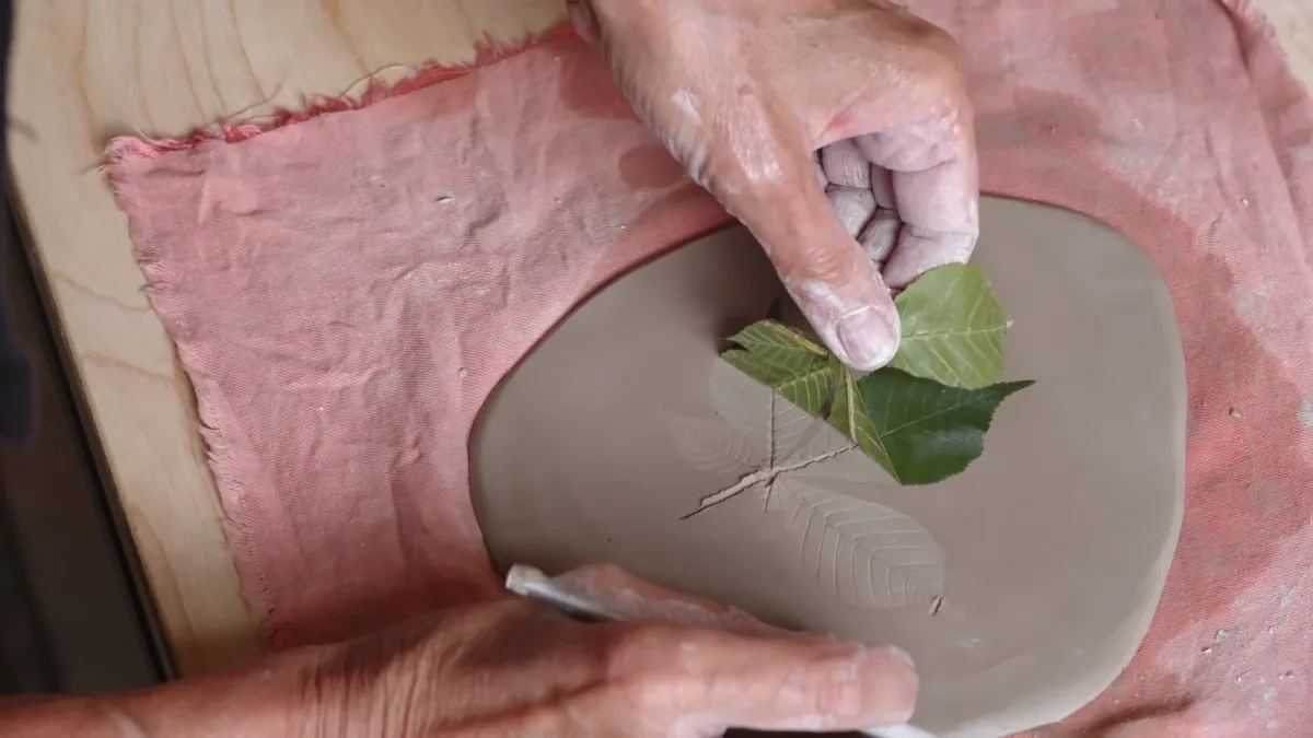 A sprig being lifted away from a broad clay slab to reveal a leaf impression.
