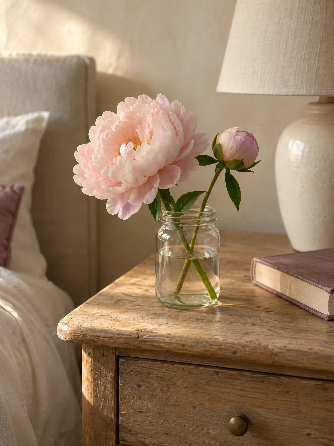 One open blush peony and a bud in a small glass jar on an oak bedside table, beside a book and cream lamp.