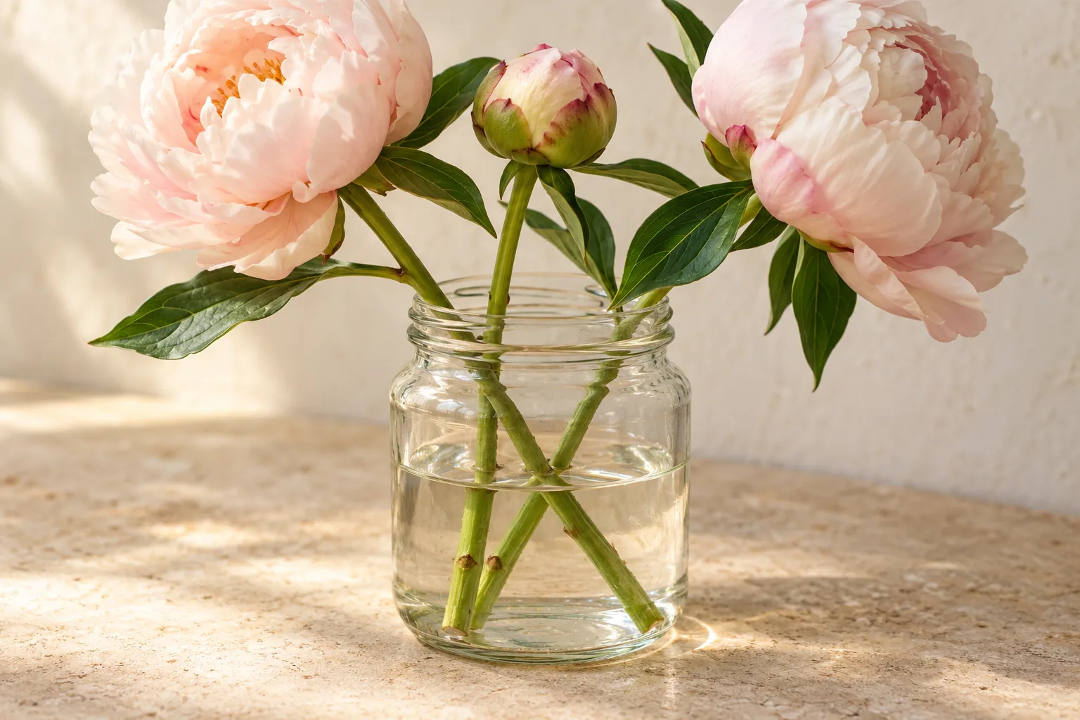 Three peony stems lean against different points around a clear jam jar opening, with foliage above the rim and a visible water line below.