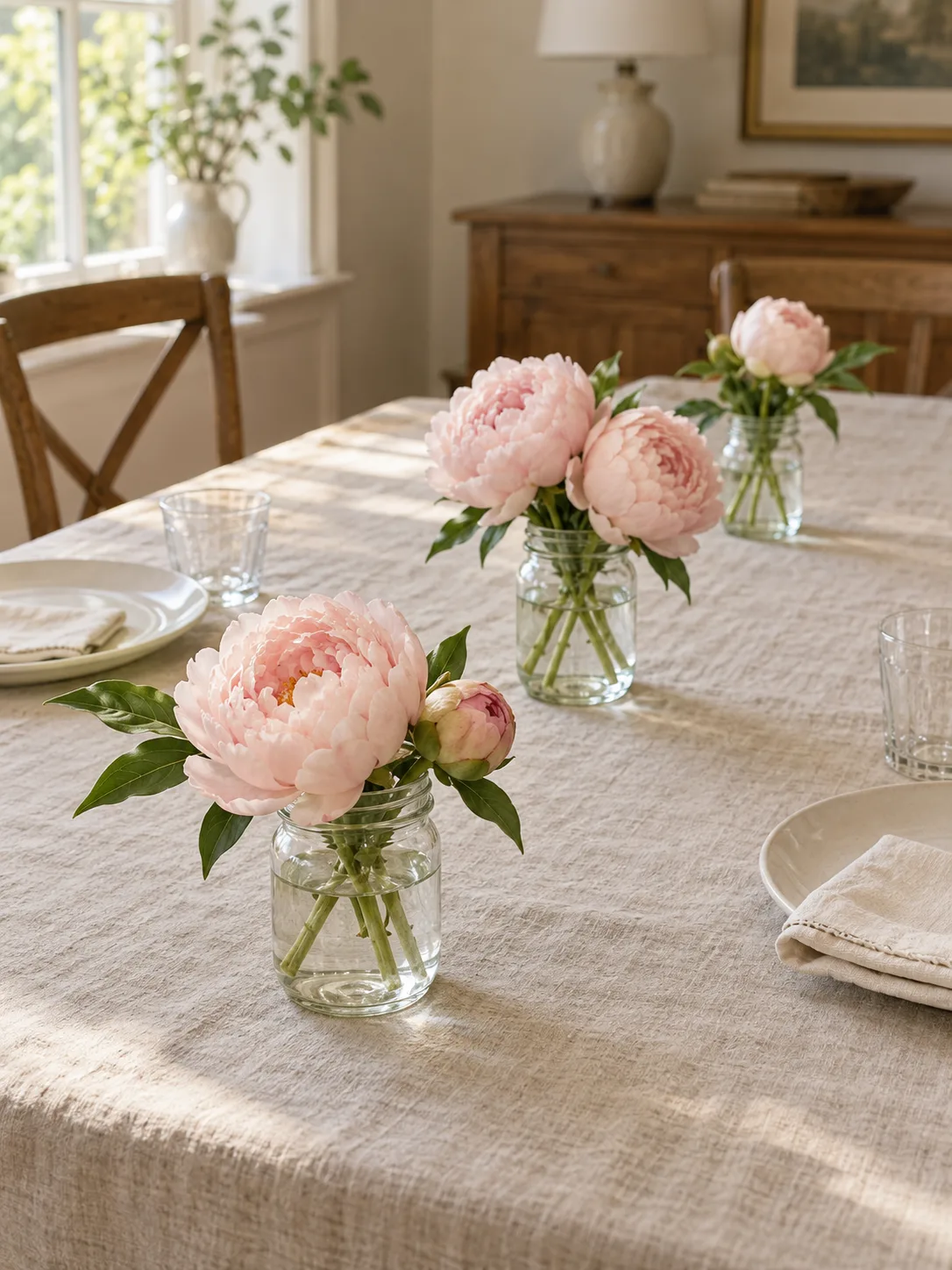 Three low glass jars of blush peonies spaced along a linen-covered lunch table with cream plates and clear glasses.
