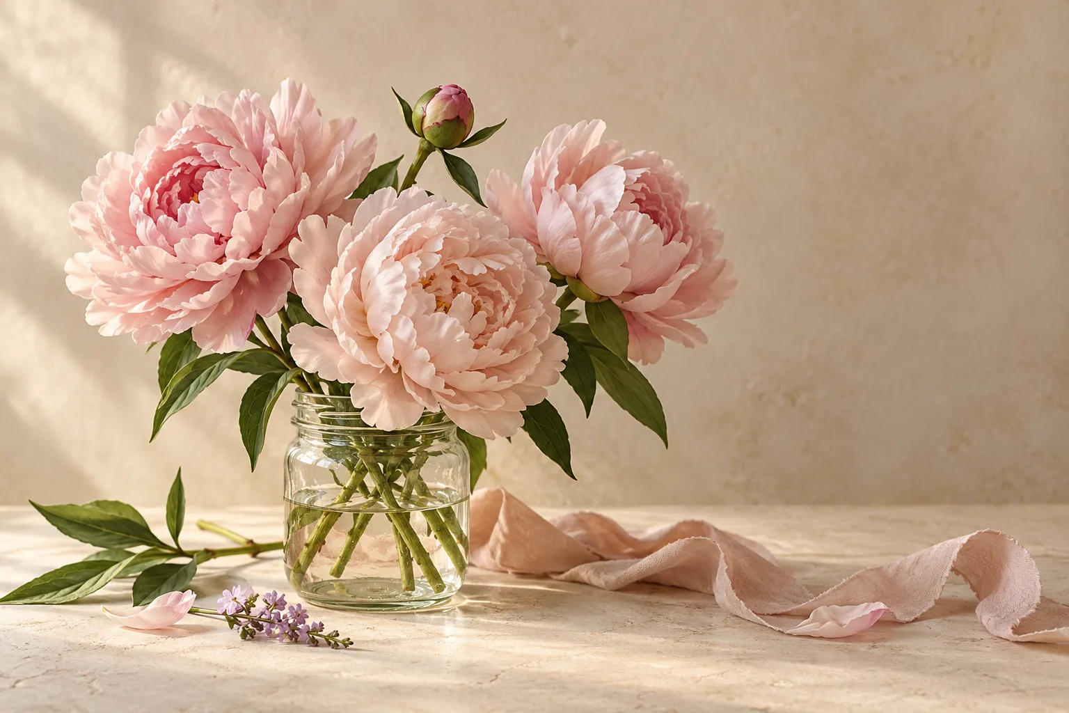 Blush peonies and a closed bud arranged in a clear glass jar on a warm ivory table.