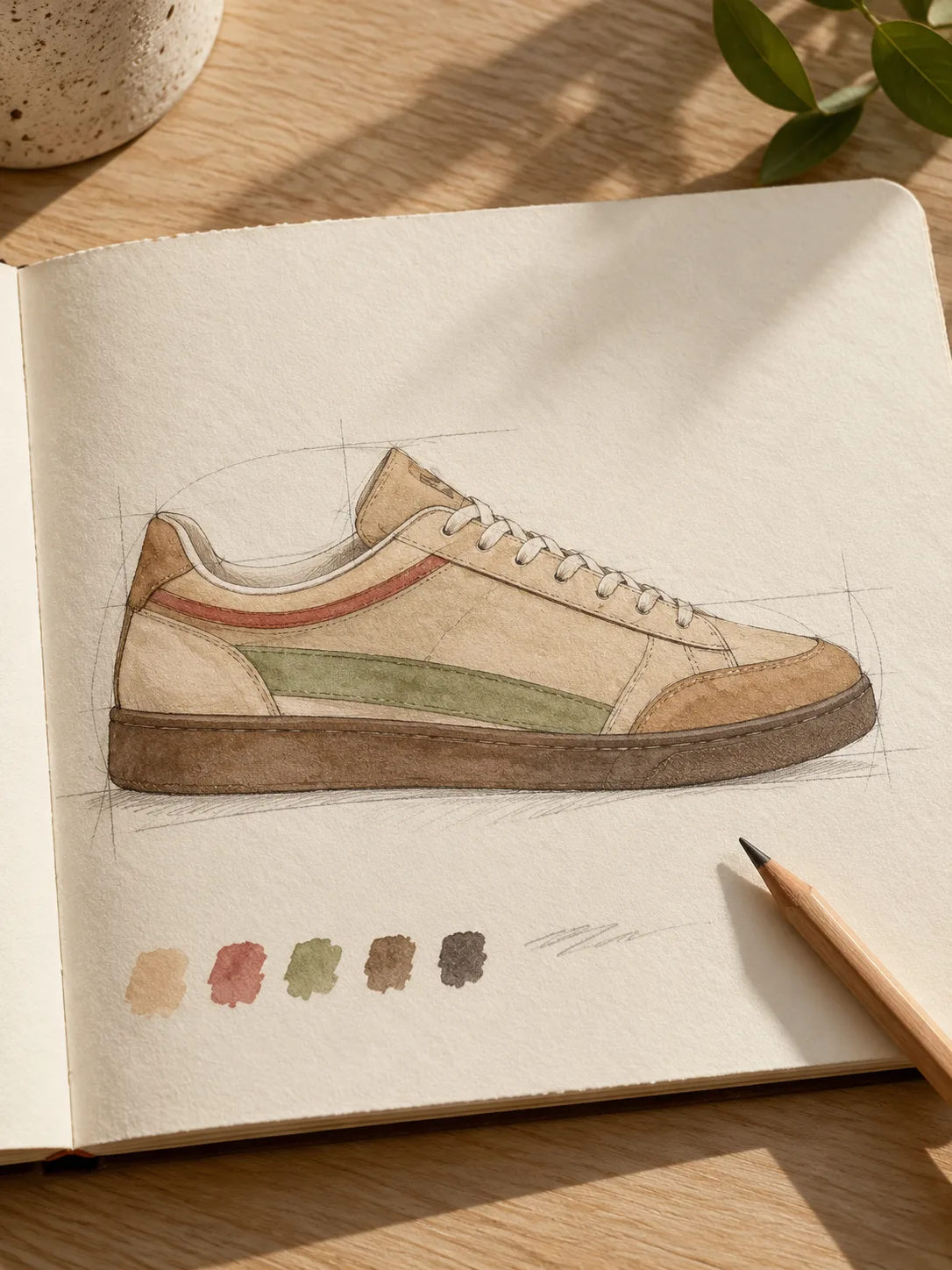 A photographed sketchbook drawing of a low-top sneaker using tan, red, green and brown color accents inside a simple shoe outline.