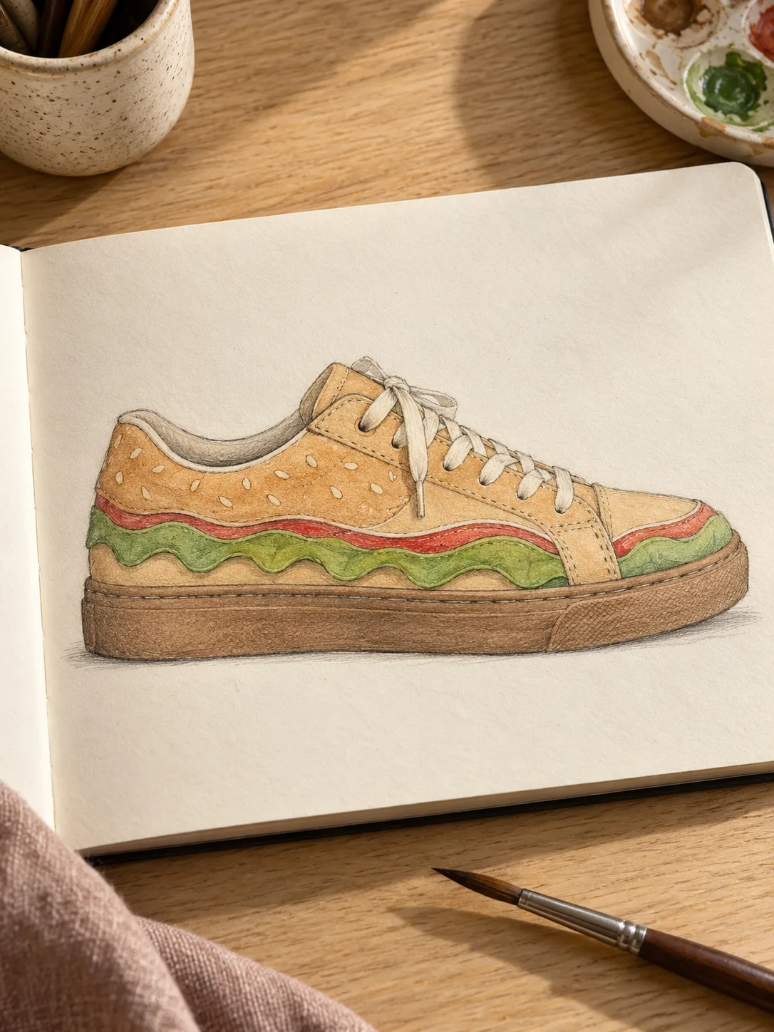 A photographed watercolor sneaker design study combining restrained hamburger colors with a wavy green trim.