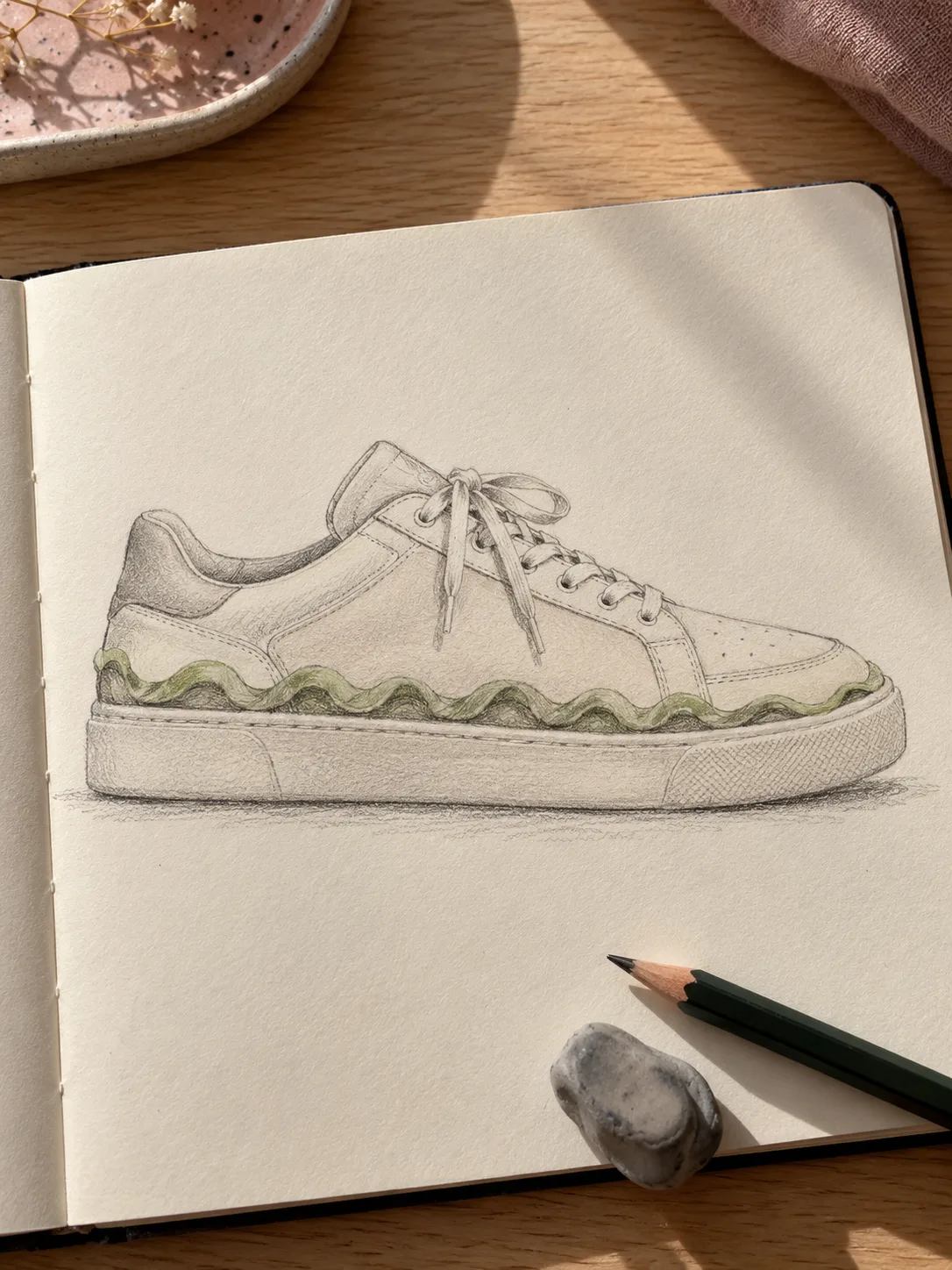 A graphite sneaker concept on cream sketchbook paper with one muted green scalloped edge above the sole.