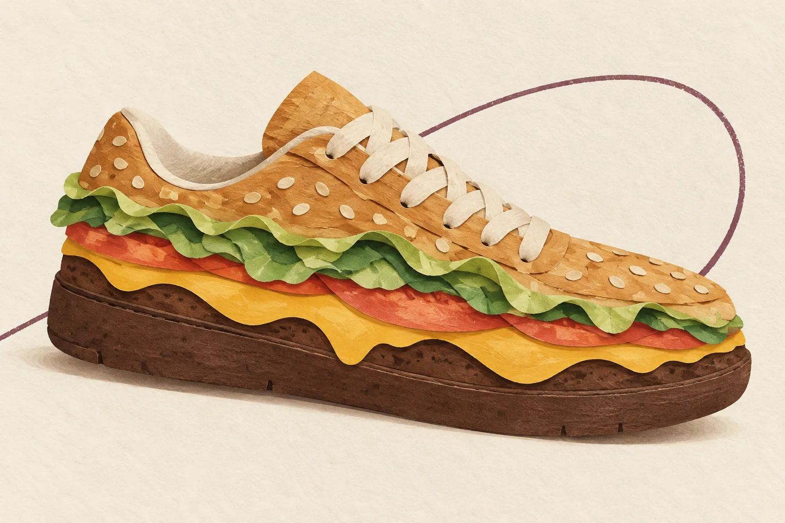 An imaginary hamburger-inspired sneaker illustrated with sesame-colored uppers, lettuce, tomato and cheese-like layers.