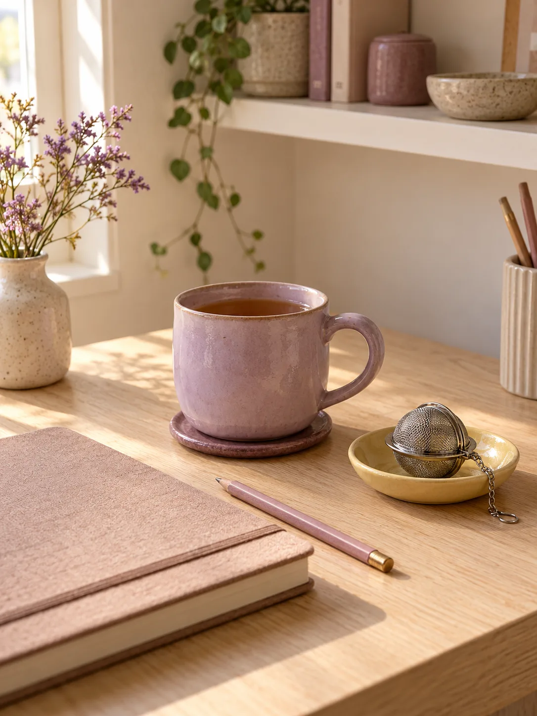 A lilac tea mug on a plum coaster, with a mesh infuser on a yellow dish beside a closed notebook.