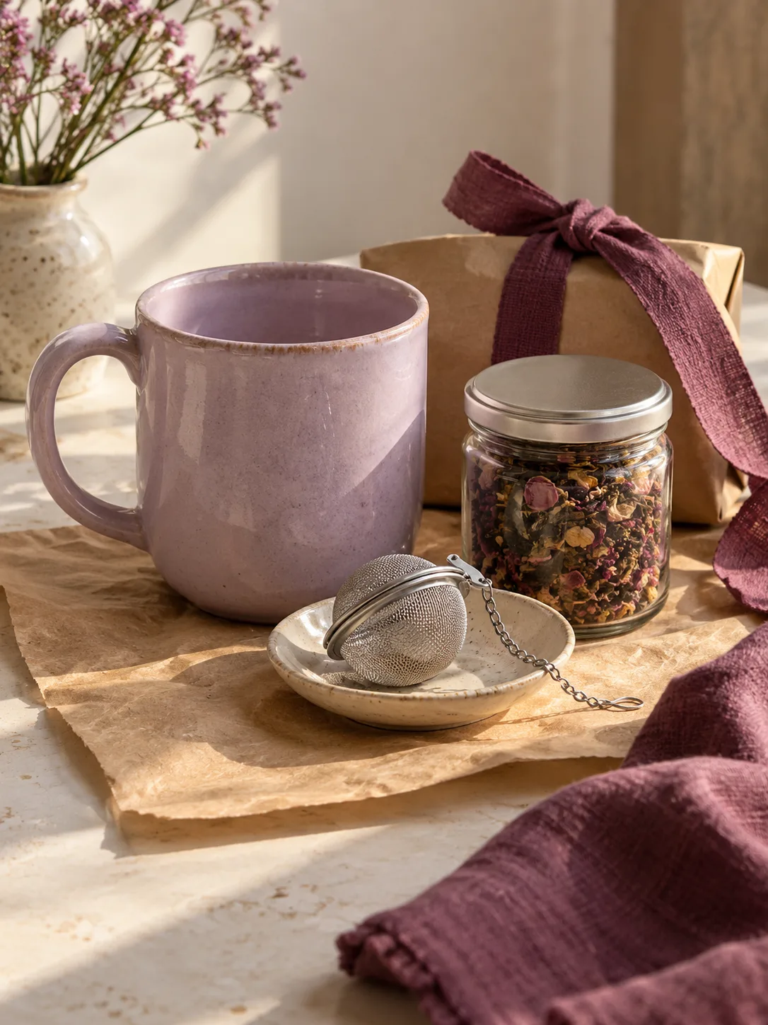 A small tea gift with a lilac mug, loose-leaf tea jar, mesh infuser and cream saucer on kraft paper beside plum ribbon.