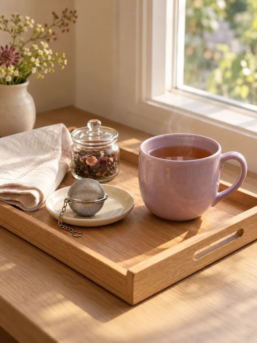 A lilac mug of tea and a mesh infuser resting on a cream saucer on a small oak tray beside a window.