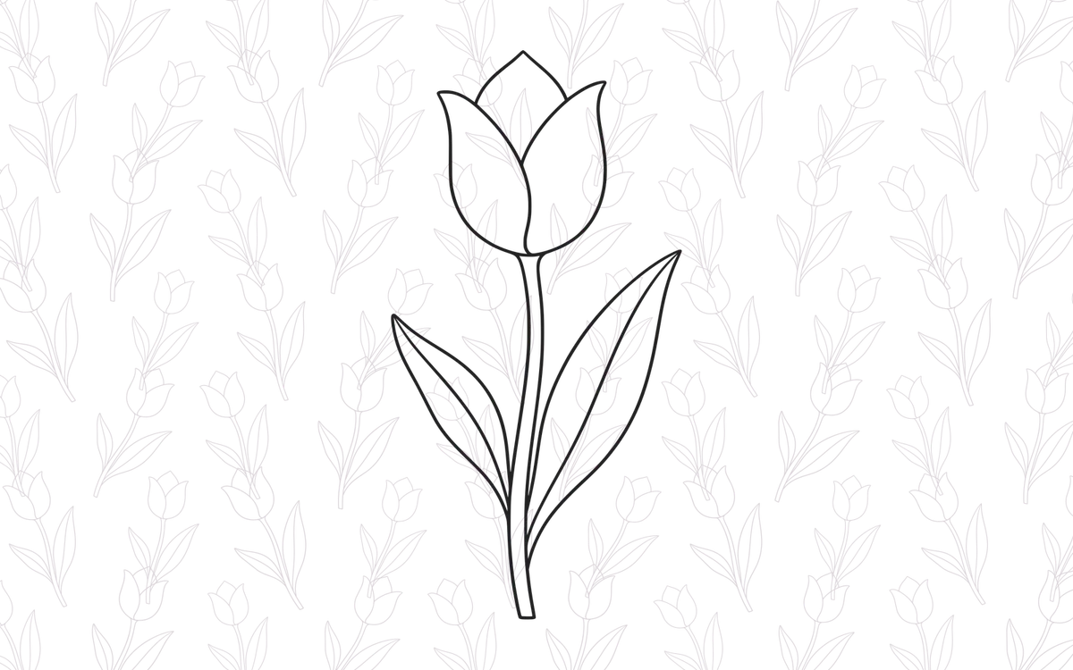 An original tulip drawing with a narrow stem and two sweeping pointed leaves.